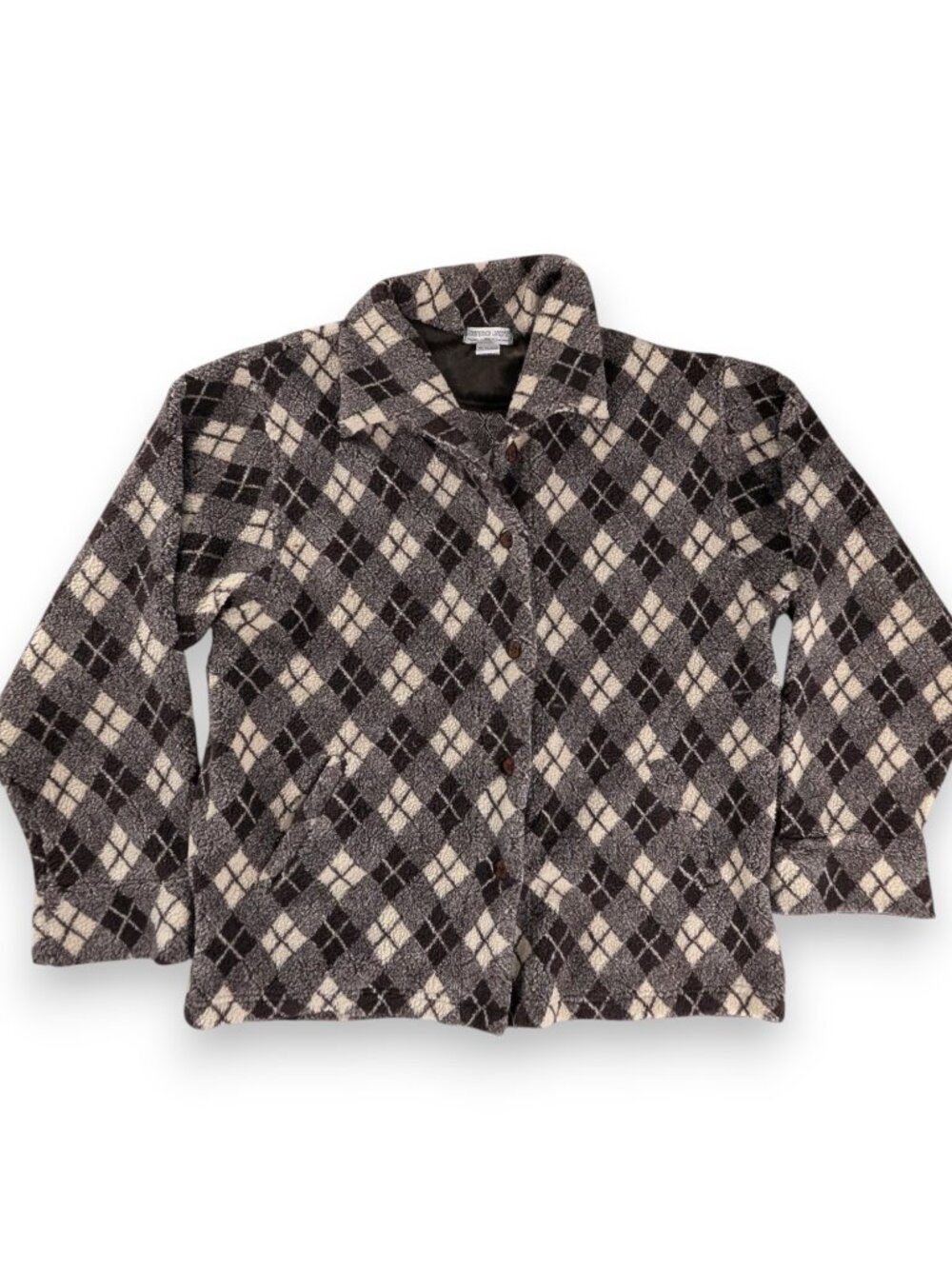VTG Brown Cream Argyle High Pile Fleece Button Up Jacket